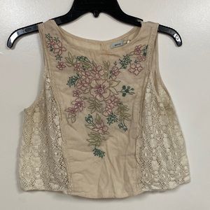 Kimchi Blue Tan Pink Embroidered Lace Open Back Top